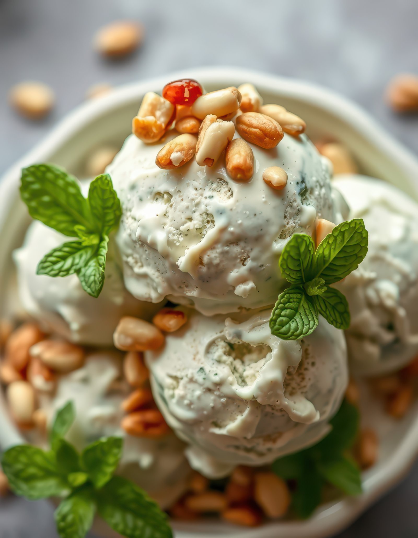 Mint ice cream topped with roasted peanuts in a stylish bowl on a marble surface